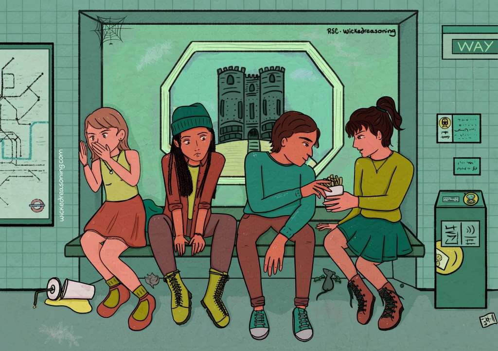 four friends in islington train station