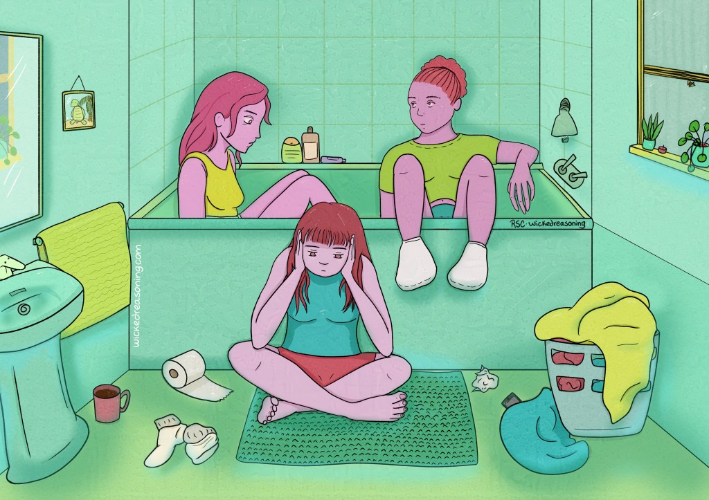 three girls suffering in the bathroom