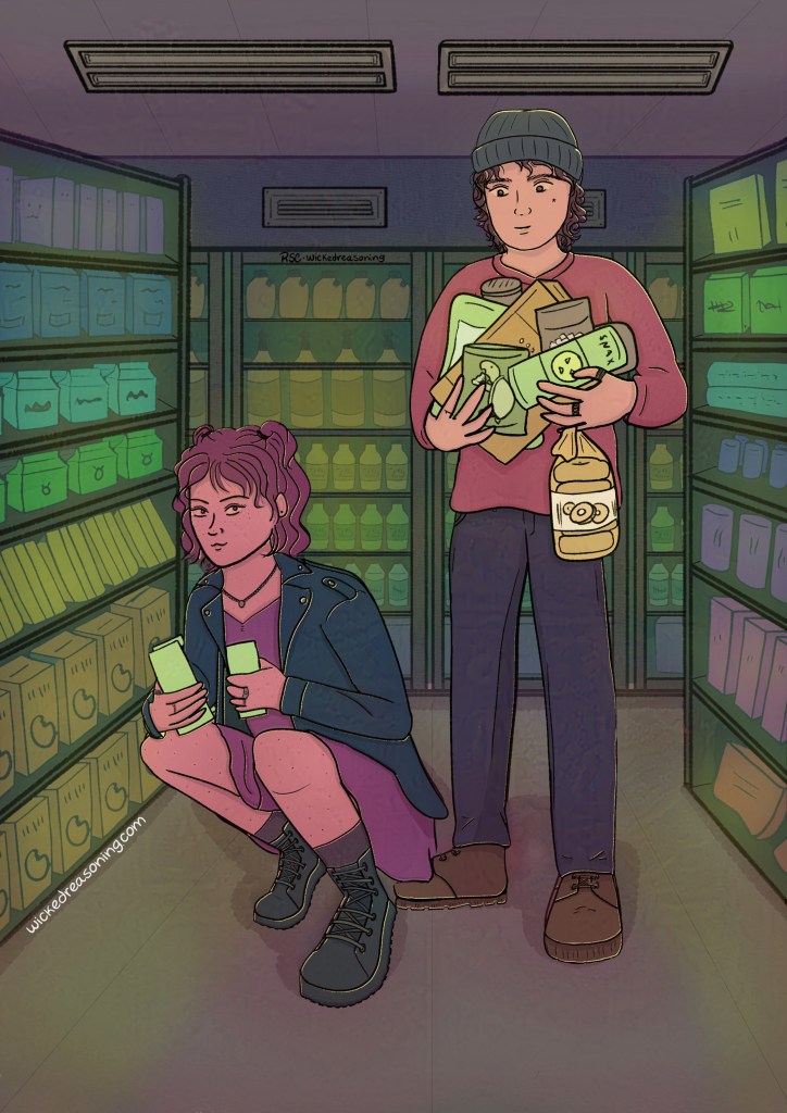 girl and boy holding groceries at the 7/11 shop
