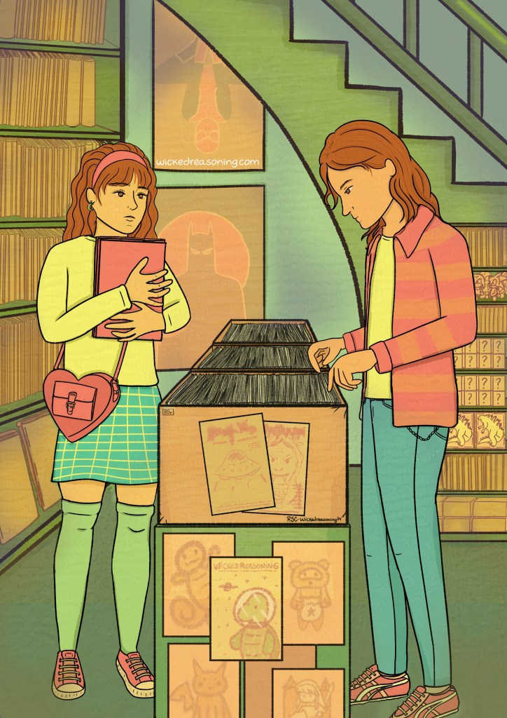 girl looking at boy flicking through books at the comic shop