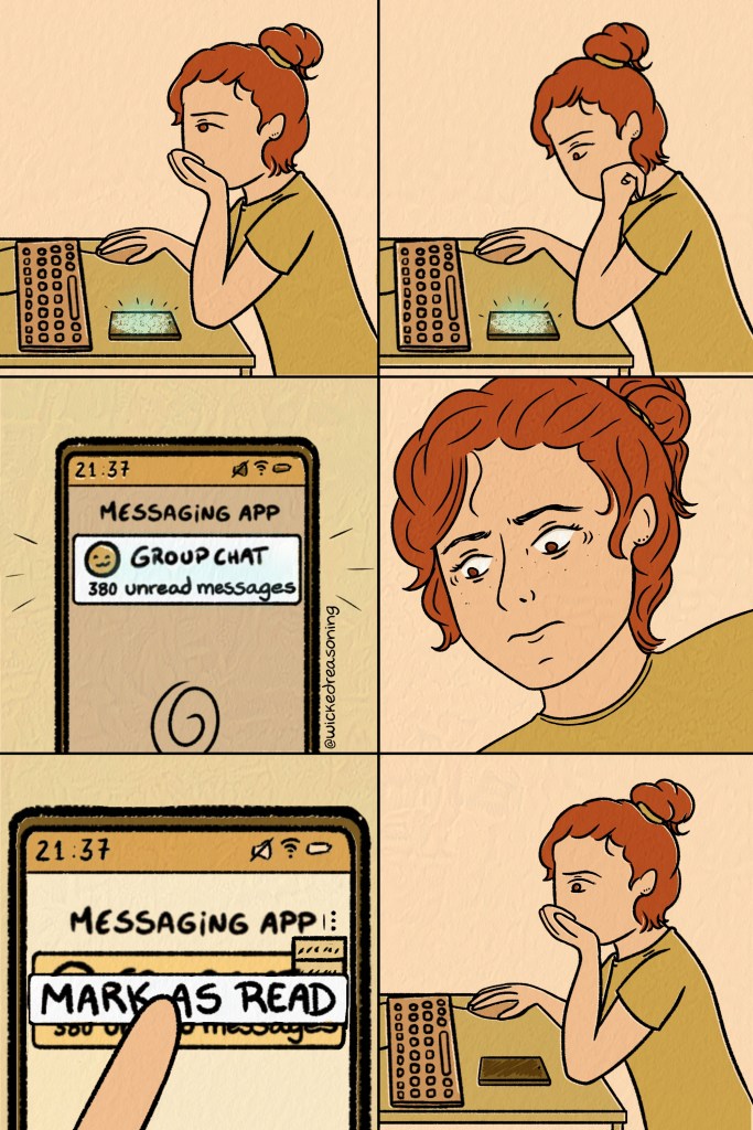 woman receives a text from a very active group chat